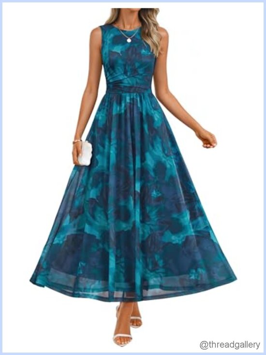Dresses & Skirts - Women's Floral Maxi Dress Sleeveless Tulle Summer Wedding Guest